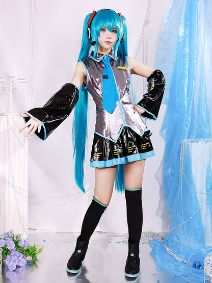 Miku Cosplay Costume Full Set Silver Leather Fabric Suit Miku Cosplay Headwear Costume Outfit JK Sailor Dress School Uniform