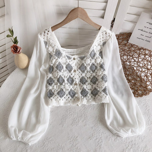 Blusa de Crochê com Manga de Chiffon e Bordado Argyle de Gola Quadrada Falsa Duas Peças Primavera Verão Fairycore Cottagecore