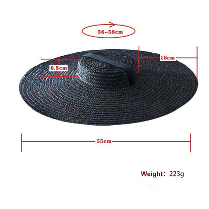 Large Wide Brim Flat Top Sun Straw Hat Fashionable Summer With Long Ribbon Hats For Women Holiday Vintage Beach Visor Cap Retro