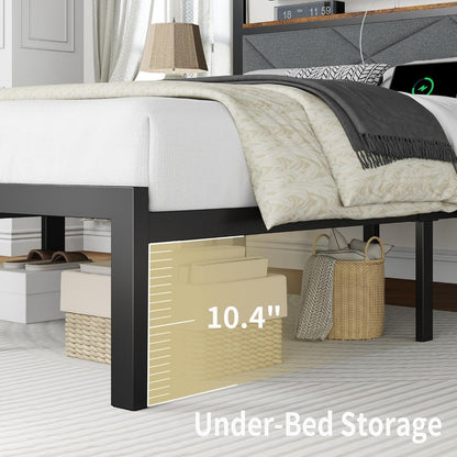 Bed Frame with LED Headboard & Built-in USB Charging Station,Linen Upholstered Backrest Metal Bed with Shelves,Under Bed Storage