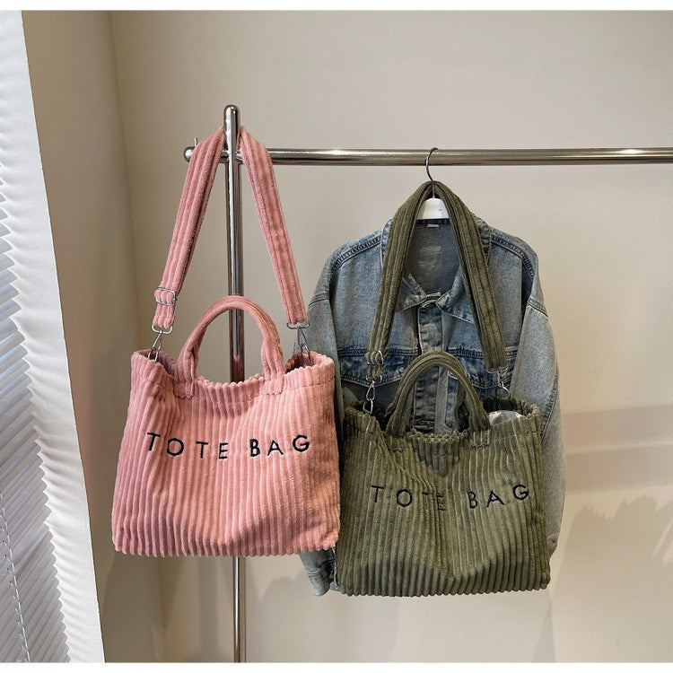 Large Capacity Striped Velvet Handbag Shoulder Bag for Woman Handbags Crossbody Bags, Versatile Letter Corduroy Women's Tote Bag