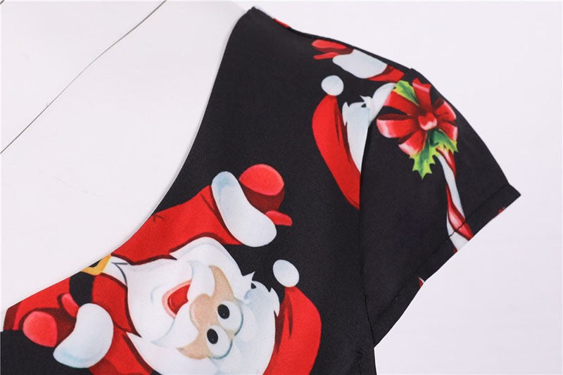 Fashion V-neck Short Sleeve Printed Christmas Dress Large Swing Vintage Elegant Xmas Party Dress