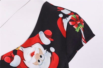 Fashion V-neck Short Sleeve Printed Christmas Dress Large Swing Vintage Elegant Xmas Party Dress