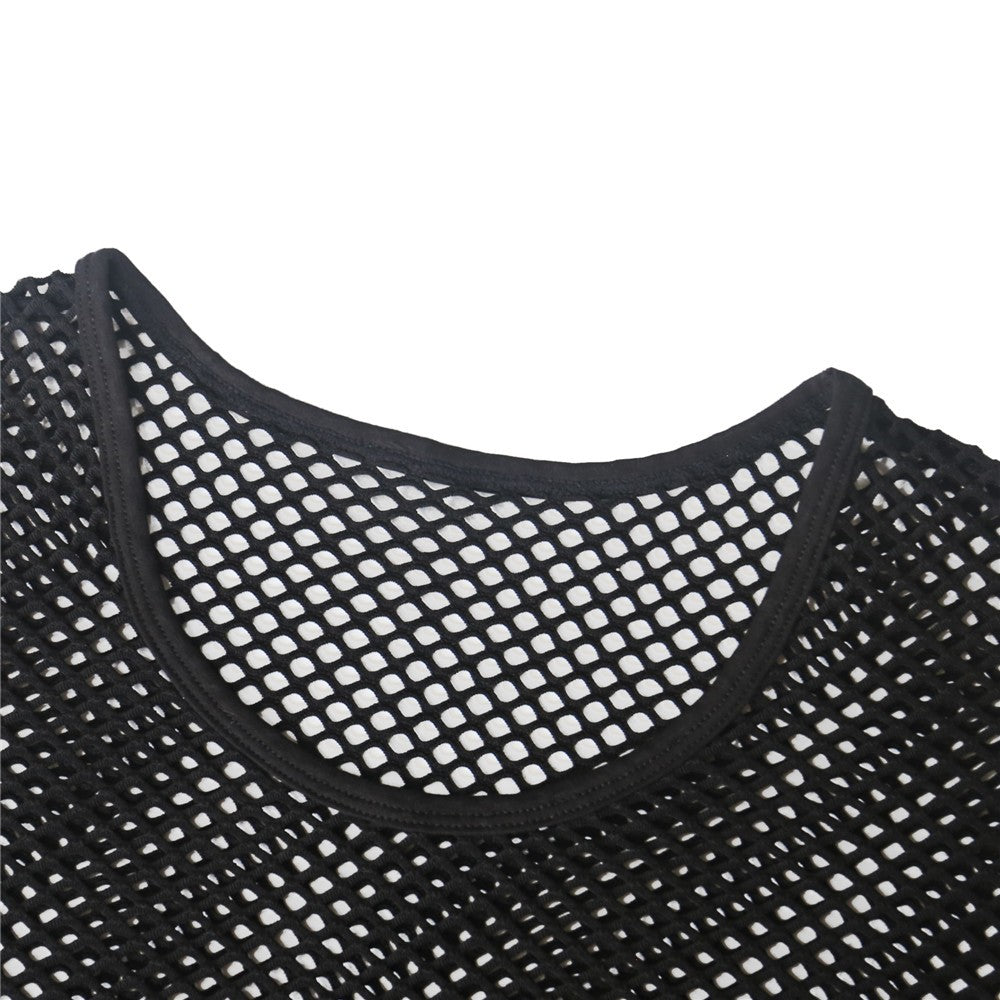 Mens Transparent Fishnet Crop Top Sexy Mesh Hollow Out Tank Tops Gym Fitness Sleeveless Undershirts T-shirts Nightclub Mini Vest