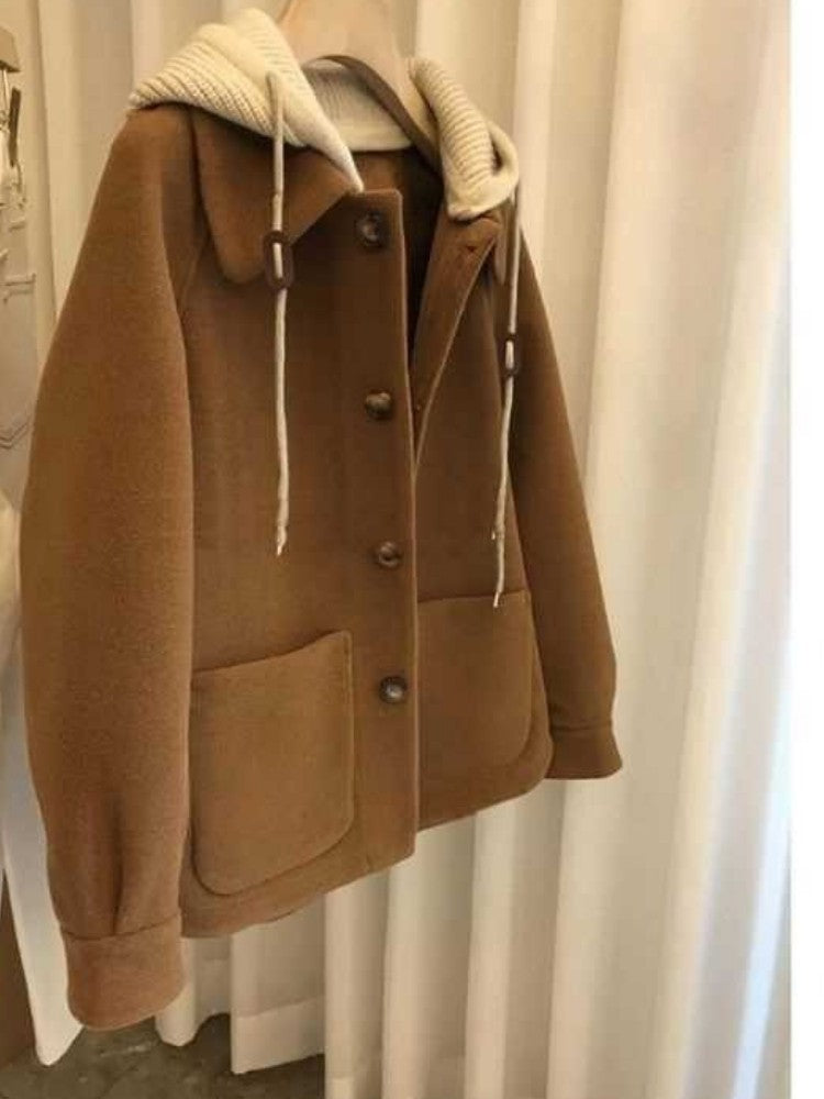 Women's Autumn Winter New Hooded Woolen Jacket New Woolen Coat Style Petite Cropped Thickened Feeling Short Style Overcoat
