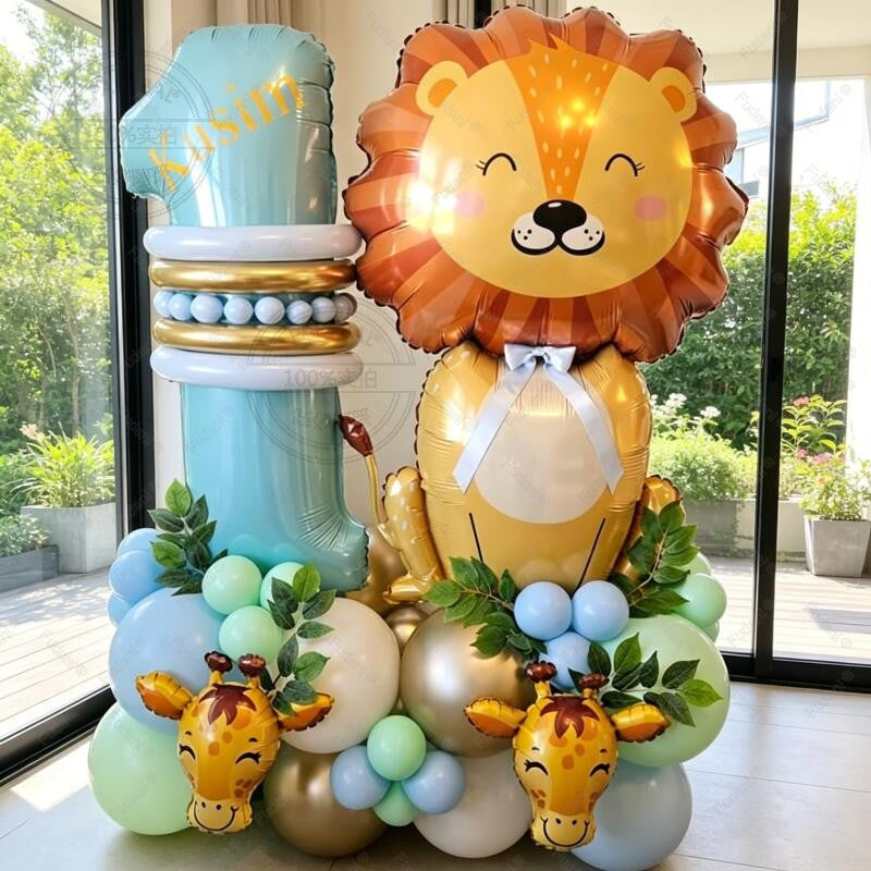 42pcs Mini Giraffe Sitting Lion Balloon 40 inch Baby Blue Number 1-9 Birthday Balloon Set Jungle Animal Theme Party Decoration