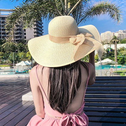 Chapéu de sol de palha feminino, estilo coreano, aba grande, à prova de sol, chapéu de férias dobrável, para praia e ar livre.  ????  ??
