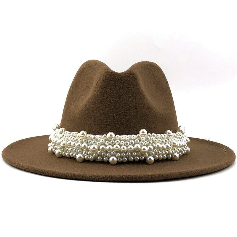 Chapéu Fedora De Lã Feminino Masculino Com Fita De Pérolas Cavalheiro Elegante Senhora Inverno Outono Aba Larga Igreja Panamá Sombrero Boné De Jazz 60CM