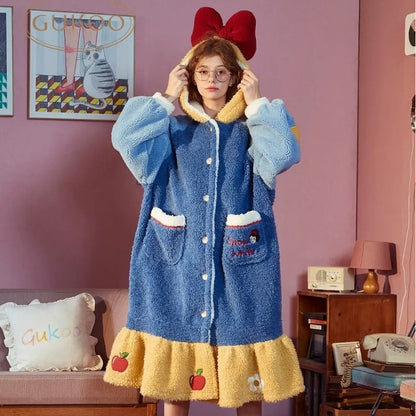 Novo Pijama Branca de Neve da Disney Feminino Outono Inverno Robe de Veludo Coral Engrossado Desenho Animado Fofo Roupa Quente para Casa Camisola Terno Presente