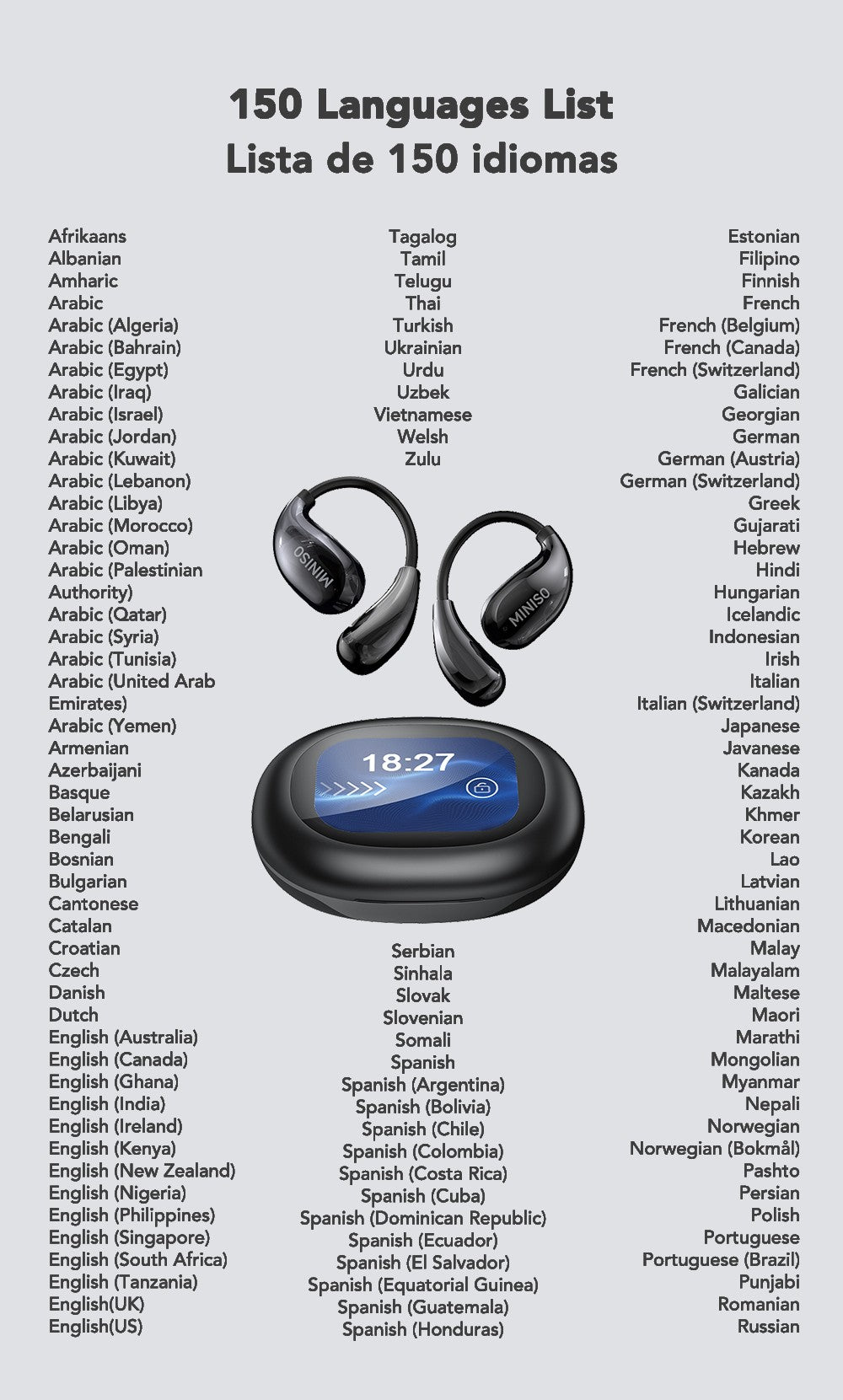 Miniso MS189 AI Translation Bluetooth Earphones Sports Wireless Headset LCD Color Touch Screen 8-Hour Battery Life Stereo Bass