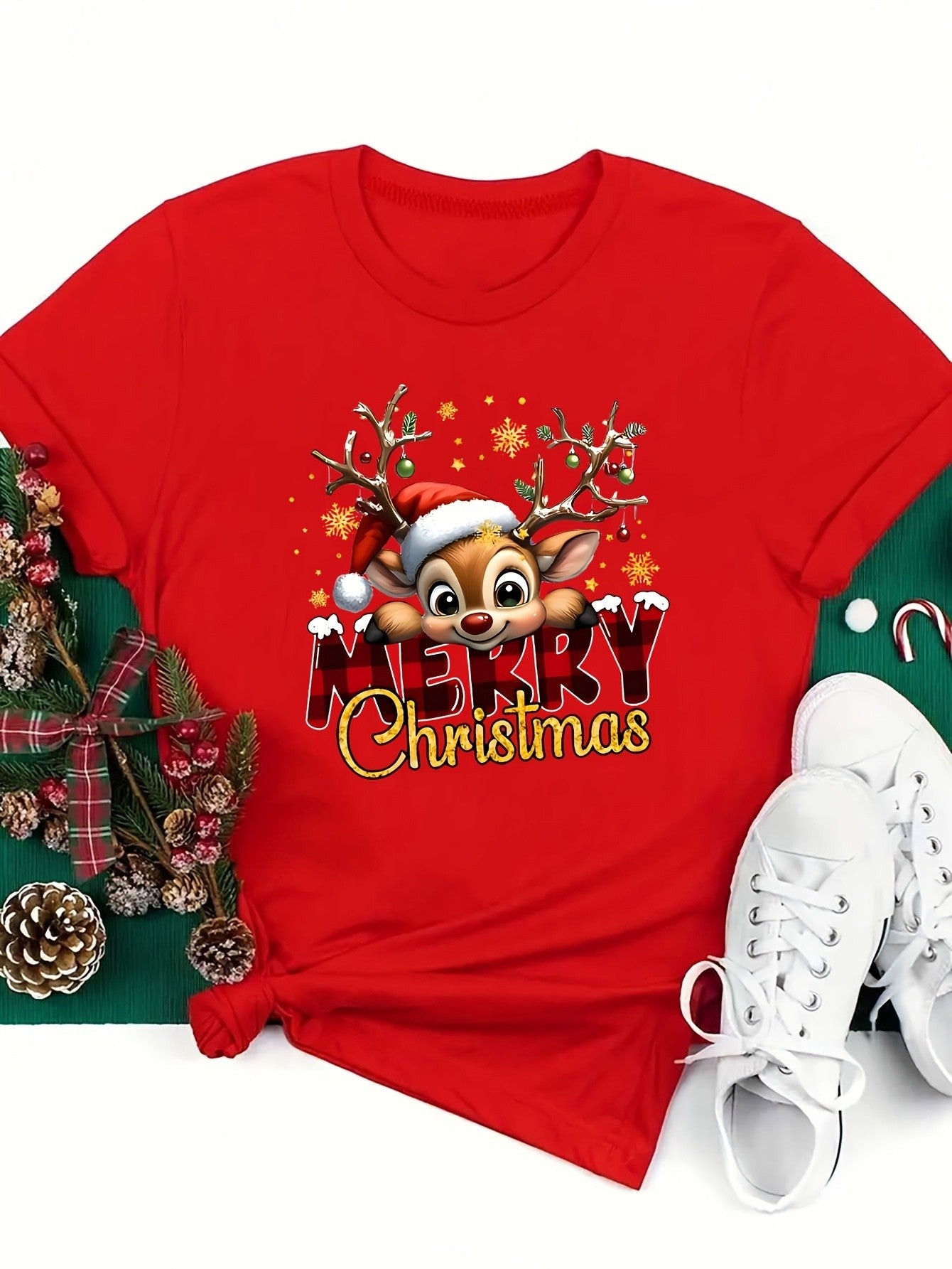 Women'S Festive Deer Christmas Graphic T-ShirtCrew Neck Short Sleeve Casual Top Harajuku Short Sleeve Casual Aesthetic Clothes
