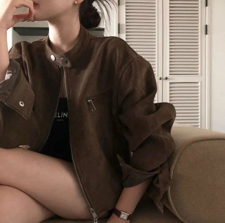 Retro American Coffee Brown Copper Zipper Button Short Jacket 2025 Autumn Trendy PU Leather Jacket Versatile for Dynamic Women