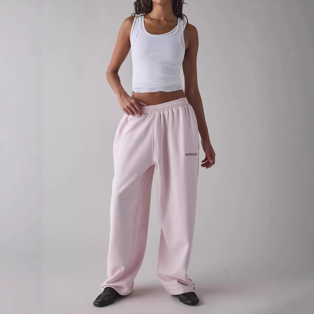 Pantalones Casuales New Pink Embroidered Casual Pants For Women Loose And Comfortable Straight Elastic Waist Trousers 2025 New