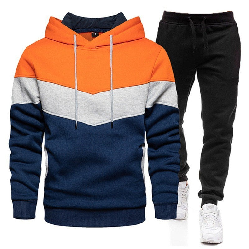 Autumn Winter Men's Color Block Hooded Sports Suit