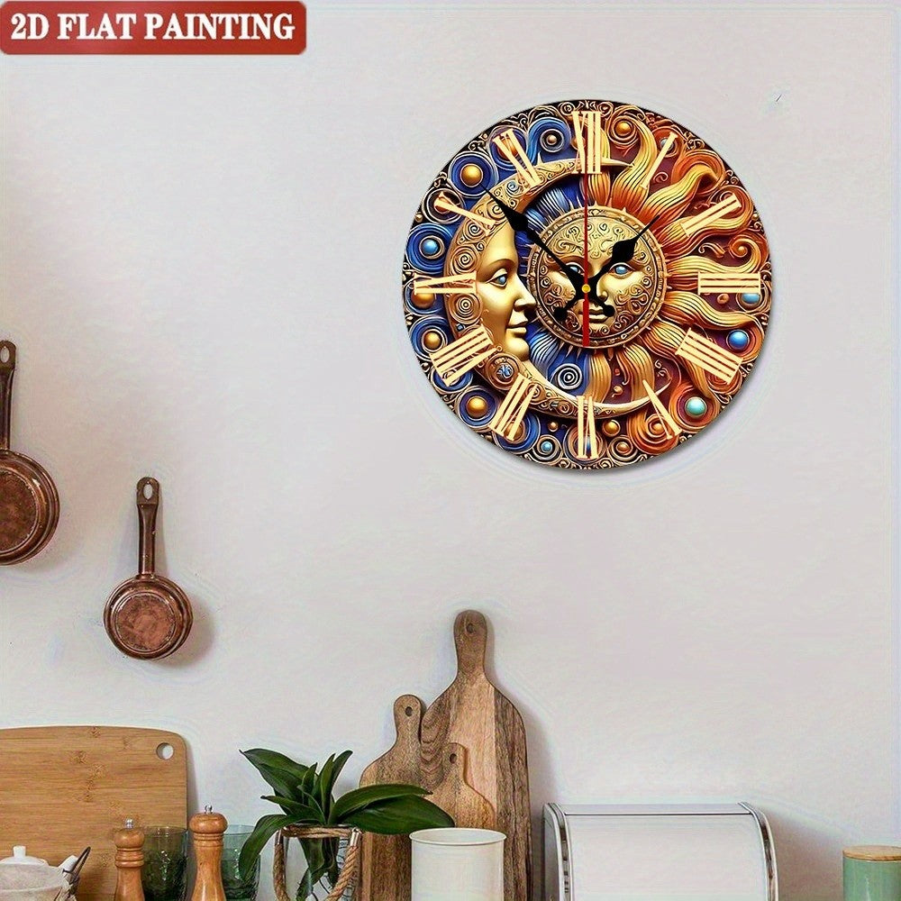 Sun & Moon Wall Clock. Roman numerals, vintage silent design for living room or bedroom.