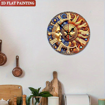 Sun & Moon Wall Clock. Roman numerals, vintage silent design for living room or bedroom.