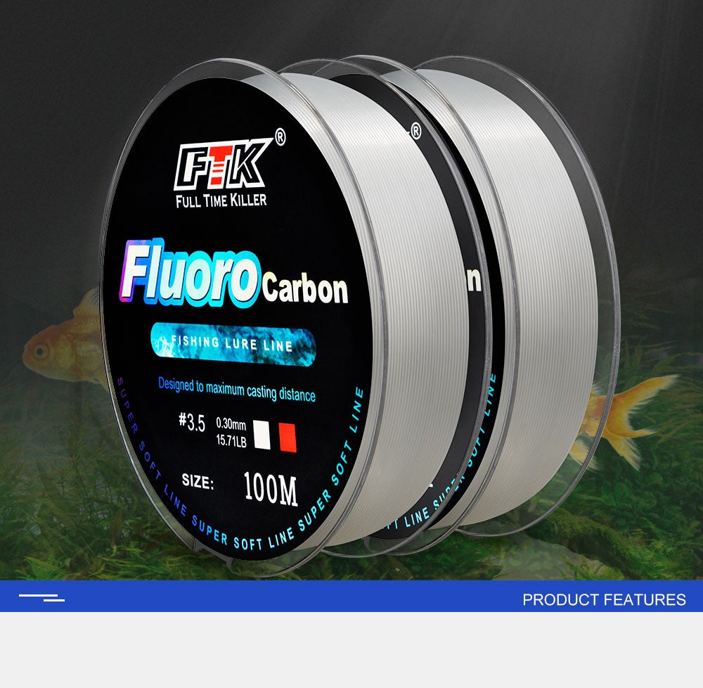 Linha de Pesca FTK 100M com Revestimento de Fluorocarbono 0.14mm-0.5mm 4.13LB-34.32LB Linha Monofilamento de Fibra de Carbono Linha de Pesca de Carpa Sinking Line