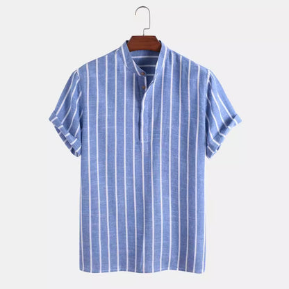 Men Fashion Striped Shirt Short Sleeve Casual Linen Shirts Tops Male Formal Social t-Shirts Stand-Up Collar Shirts Man Clothes