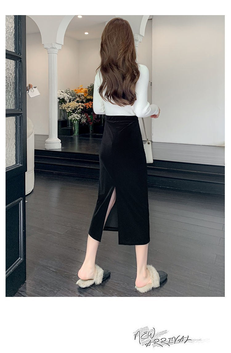 Elegant Velvet Black Long Skirts Women Autumn Winter High Waist Faldas Korean Fahion Clothing Office Ladies Bodycon Midi Skirt