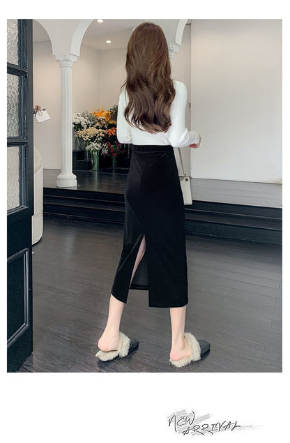 Elegant Velvet Black Long Skirts Women Autumn Winter High Waist Faldas Korean Fahion Clothing Office Ladies Bodycon Midi Skirt