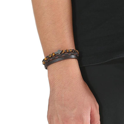 Pulseira de Couro Jiayiqi Masculina Punk Hip Hop Metal Charm Contas Olho de Tigre Pulseira Multicamadas para Homens Joia da Moda Presente
