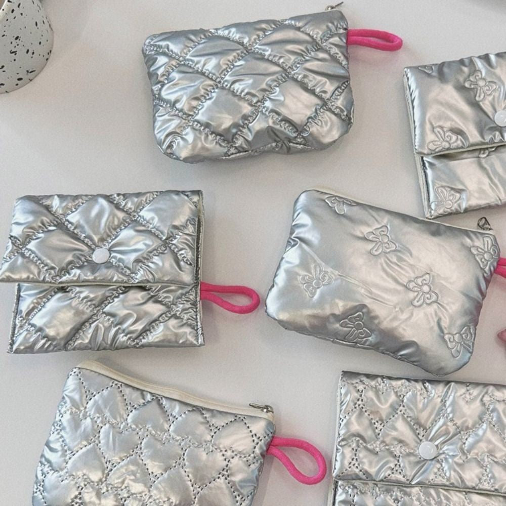 INS Style Silver Sanitary Mat Bag Zipper Button Change Purse Coins Keys Wallet Love Bow Credit Card Holder Cosmetics Napkin