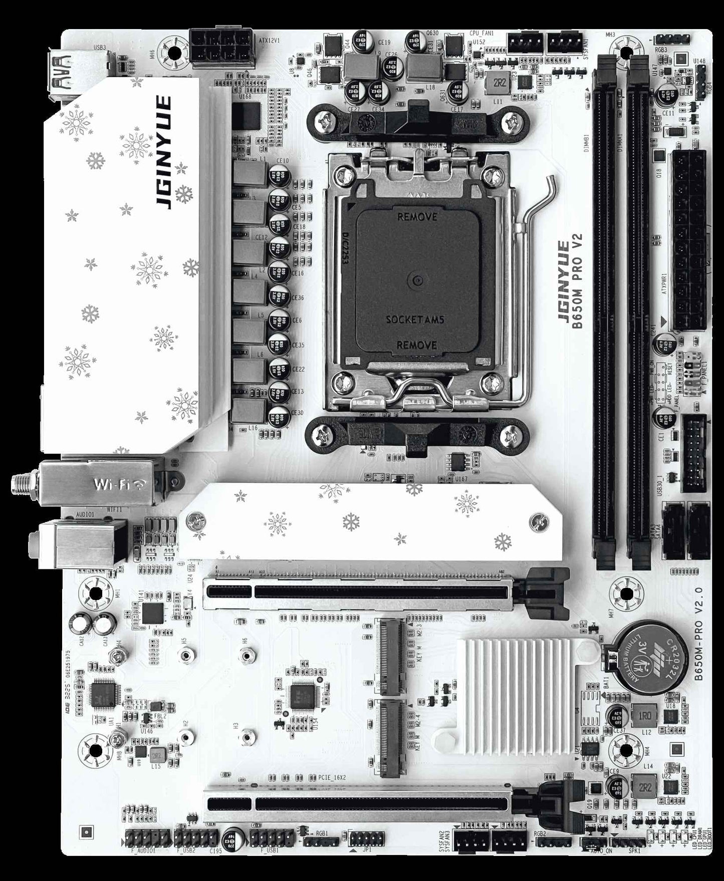 Placa-mãe JGINYUE B650M PRO V2 AM5 M-ATX para processadores AMD® Ryzen™ 7000/8000/9000 Series DDR5 RAM de até 96GB e 3 Slots M.2 para computadores (sem Wi-Fi)