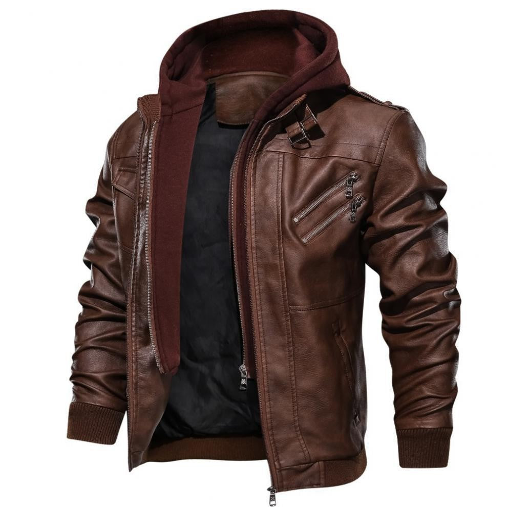 Men Jackets Fake Two Leather Jacket Double Zipper Removable Hooded Biker Leather Coat Male Cardigan Overcoat