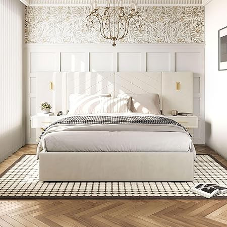 Cama Queen Luxo DEINPPA com Luzes LED Douradas Integradas e Criados-Mudos, Cama Plataforma Queen com Estofamento Grande