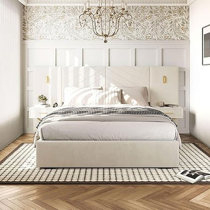 Cama Queen Luxo DEINPPA com Luzes LED Douradas Integradas e Criados-Mudos, Cama Plataforma Queen com Estofamento Grande