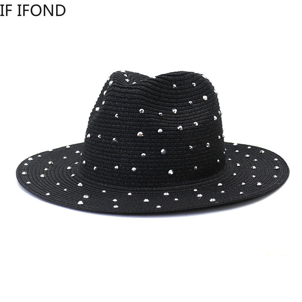 Hand made Diamond Straw Hat For Women's Summer Wide side Jazz Dress Cap Holiday Sun Protection Beach Hats