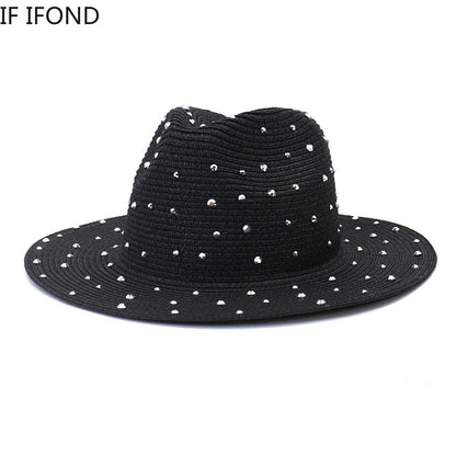Hand made Diamond Straw Hat For Women's Summer Wide side Jazz Dress Cap Holiday Sun Protection Beach Hats