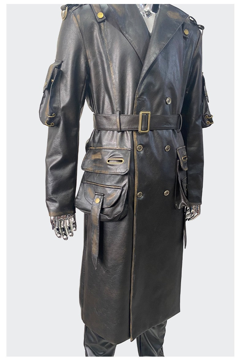Nerazzurri Spring Autumn Cool Long Waterproof Distressed Black Pu Leather Trench Coat Men Belt Pockets Luxury Designer Clothes