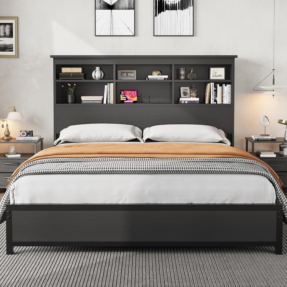 Queen Size Bed Frame with Bookcase Headboard, 2-Tier Storage Queen Platform Bed with Charging Station, No Box Spring
