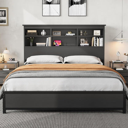 Queen Size Bed Frame with Bookcase Headboard, 2-Tier Storage Queen Platform Bed with Charging Station, No Box Spring