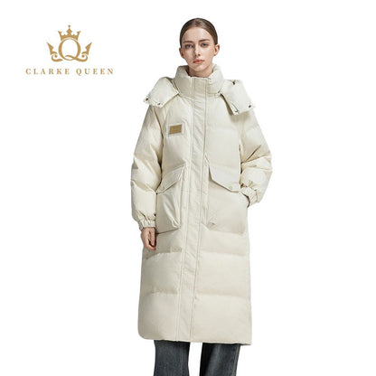 CLARKE QUEEN Long Down Jacket for Women Winter Duck Down Coat Hooded Over-the-Knee Casual Thickened Fitted Padded Puffer Coat
