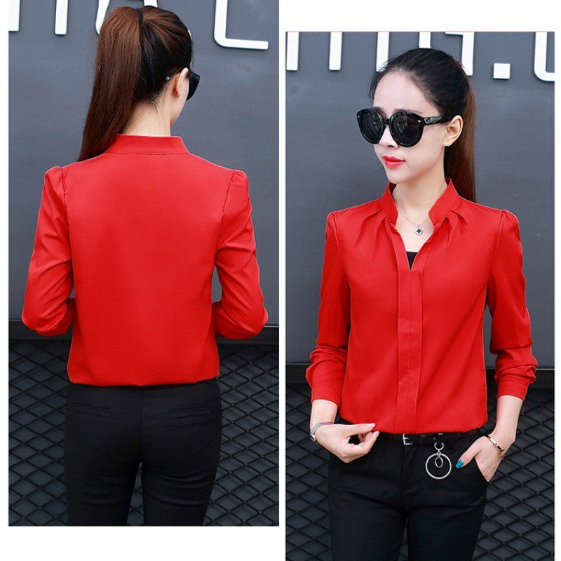 Autumn Spring Fashion Sexy V-Neck Shirt Women OL Formal Long Sleeve Chiffon Blouse M-2XL