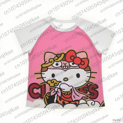 2025 New Hello Kitty T-shirt Anime Sanrio Fashion Short Tops Y2k Summer Cute Tees Cartoon Print High Street Women's Short Sleeve