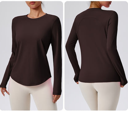 Naked Spring and Autumn Round Neck Fitness Yoga Clothing, Slimming and Slimming Base, Sports Top, Pilates Long Sleeve, Female