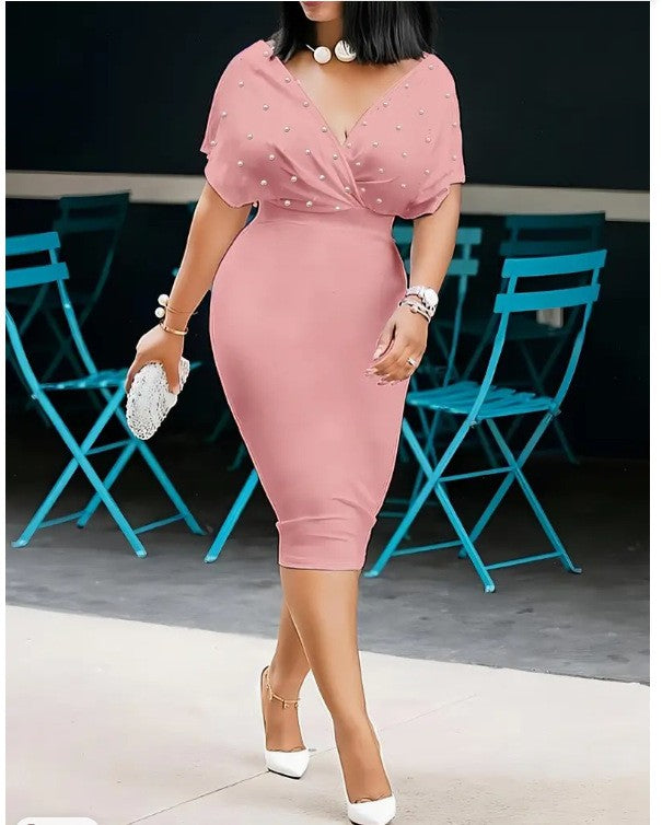 Fashion Party Dress For Wonen Sexy V Neck Package Hip Elegant Dresses 2025 Srping Summer Lady Solid Color Slim Office Midi Dress