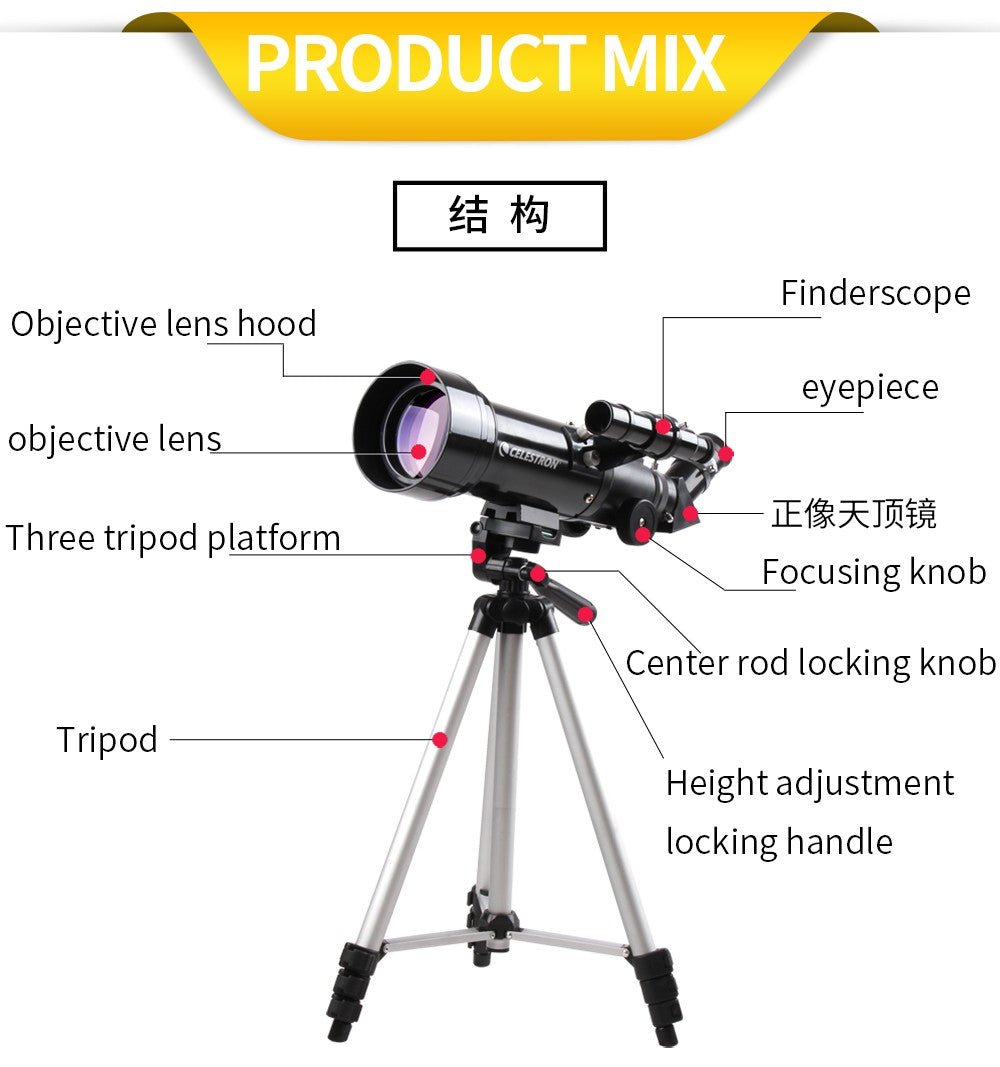 Celestron Travel Scope 70mm 70400 AZ Refractor Astronomical Telescope Portable 10-165X Zoom Monocular For Kids Beginner Gifts