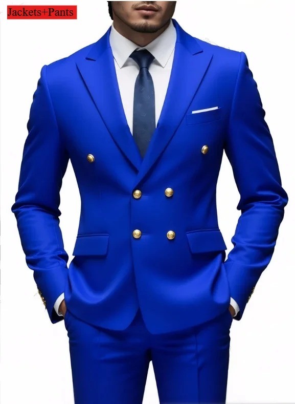 Double Breasted Light Gray Suit Men Wedding Prom Party Business Groom Tuxedo Wedding Suit (Blazer+Pant)