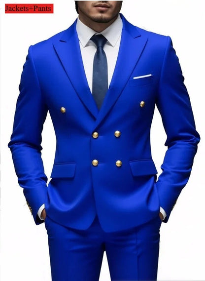 Double Breasted Light Gray Suit Men Wedding Prom Party Business Groom Tuxedo Wedding Suit (Blazer+Pant)