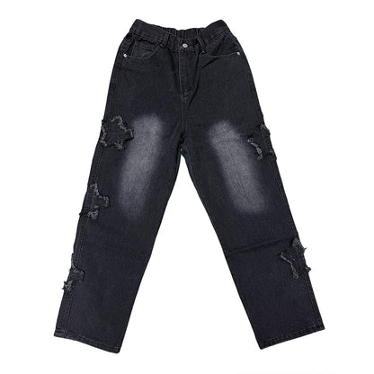 Stars Patchwork Men Jeans New Fashion Y2K Tassel Pants Korea Clothes Straight Hip Hop Splicing Trousers Male Streetwear