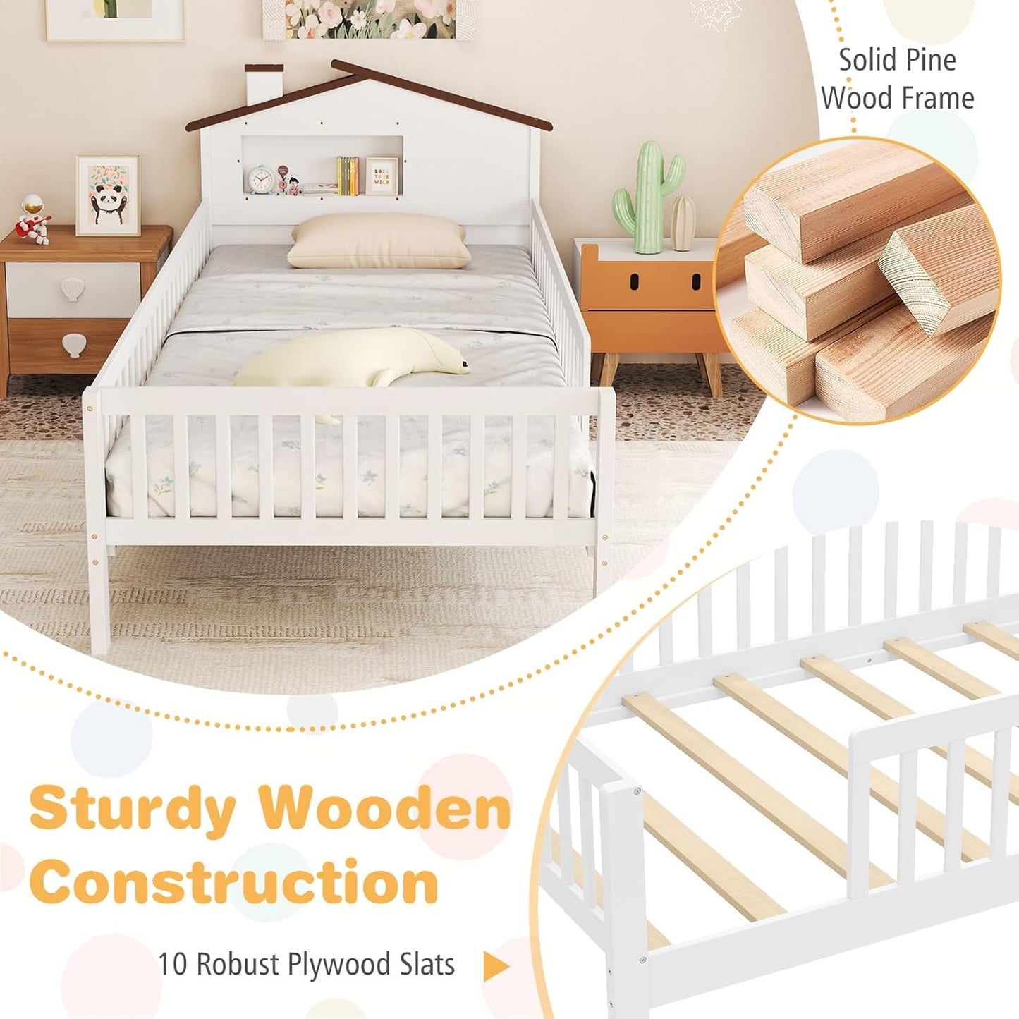 Twin Kids Bed Frame, Solid Wood Montessori Bed with Guardrails & House-Shaped Headboard, Built-in Storage Shelf, No Box
