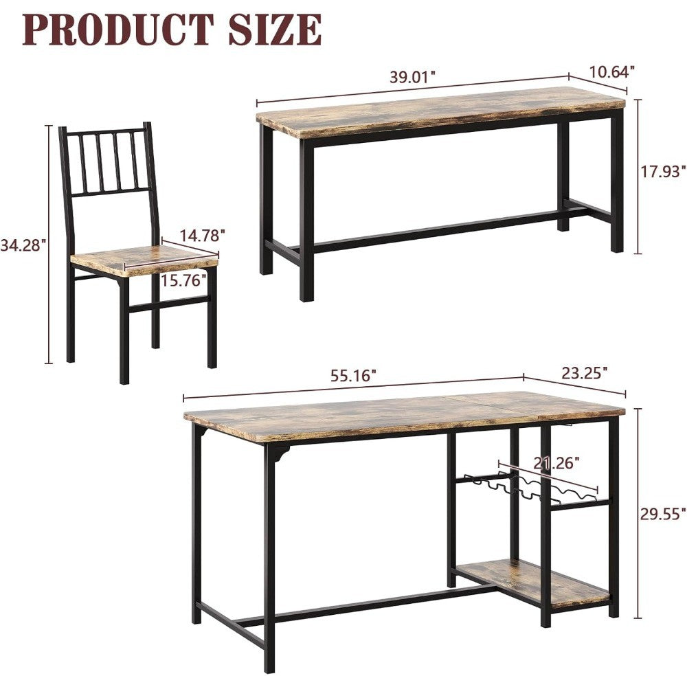 Dining Table Set for 4 with Chairs and Bench, 55" Kitchen Table Chairs Set of 4 with Wine Rack, Wine Glasses Holder, Small Dini