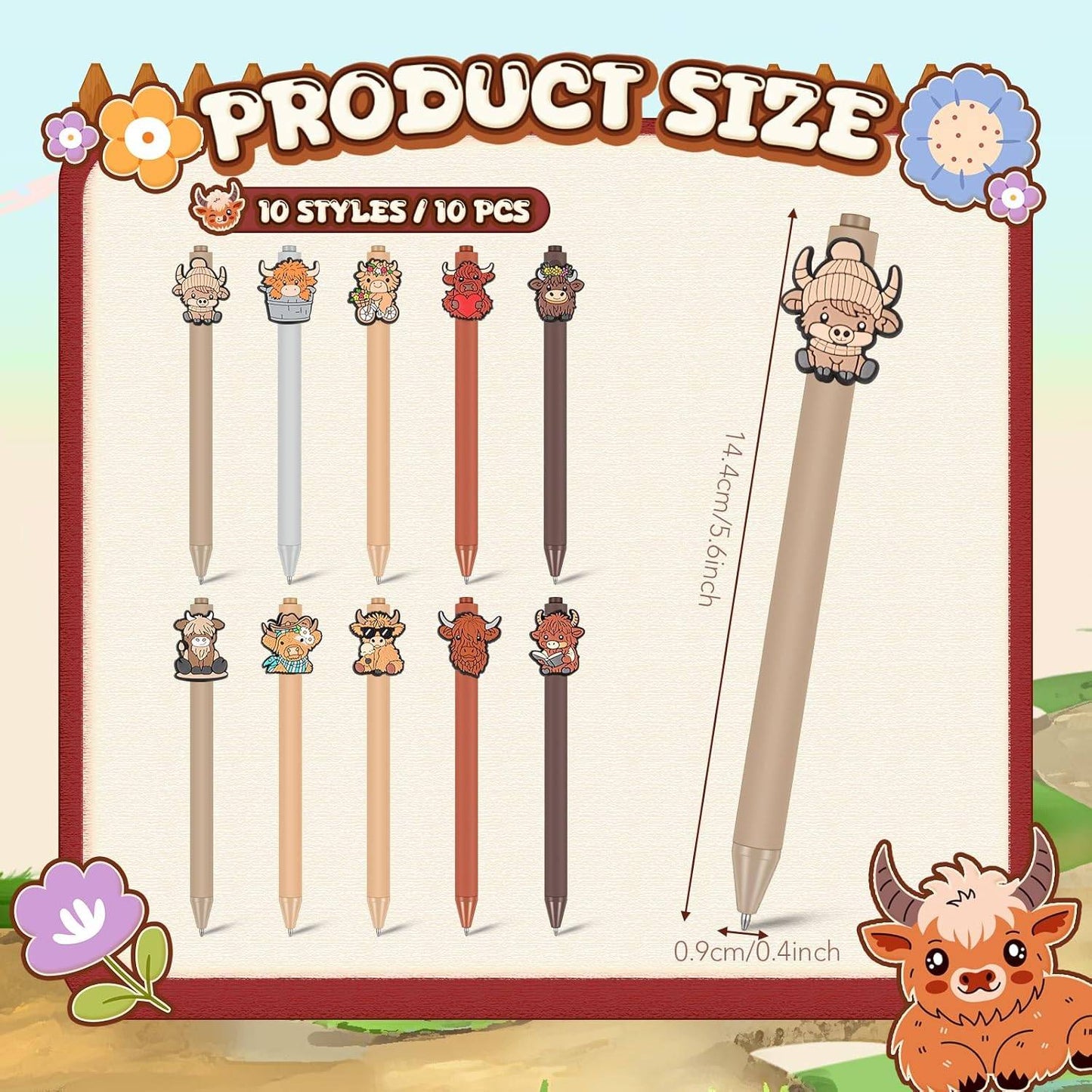 10 Pcs Cute Highland Cow Printed Pens Highland Cow Pen Set School Home Office Stationery Valentine Gift Accessories