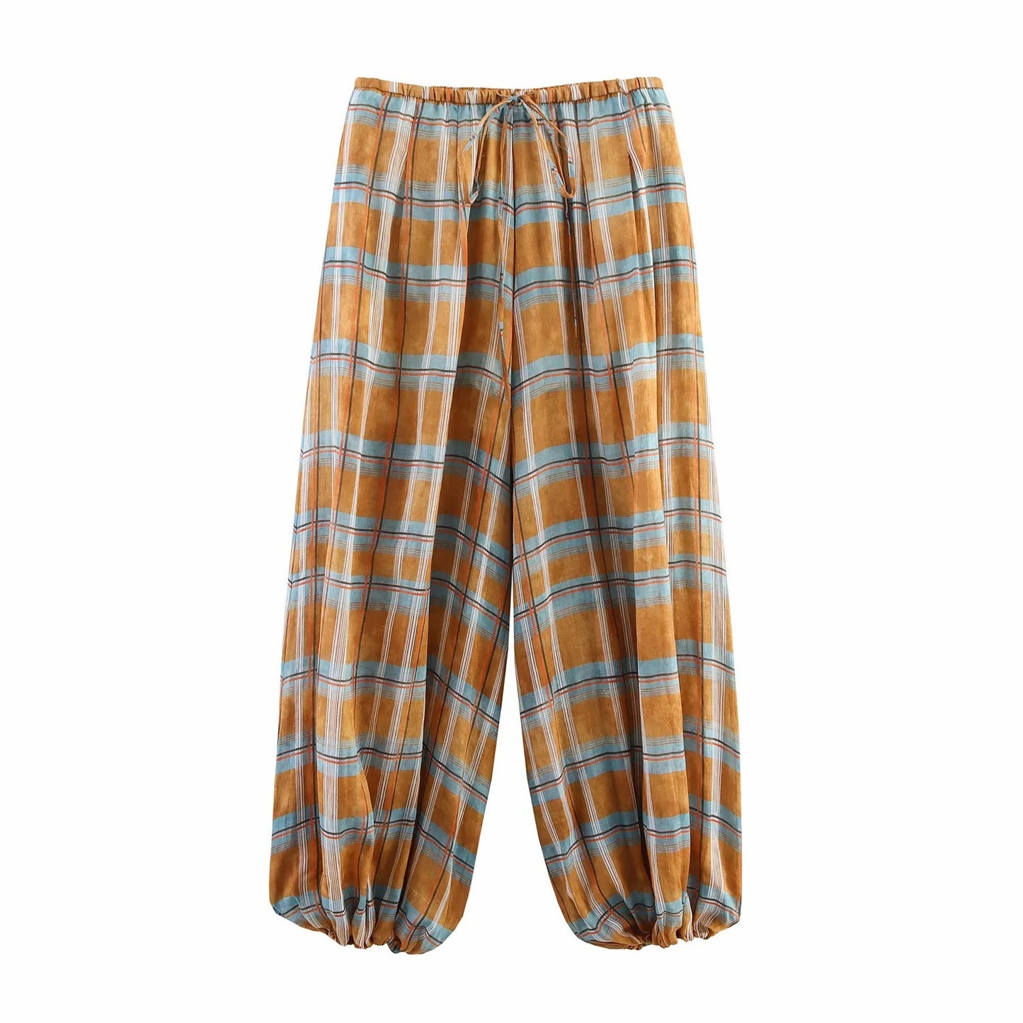 Women's 2025 Autumn Fashion Versatile Ramie Bloomers Plaid Printed Loose Pants Female High-Waist Drawstring Casual Trousers