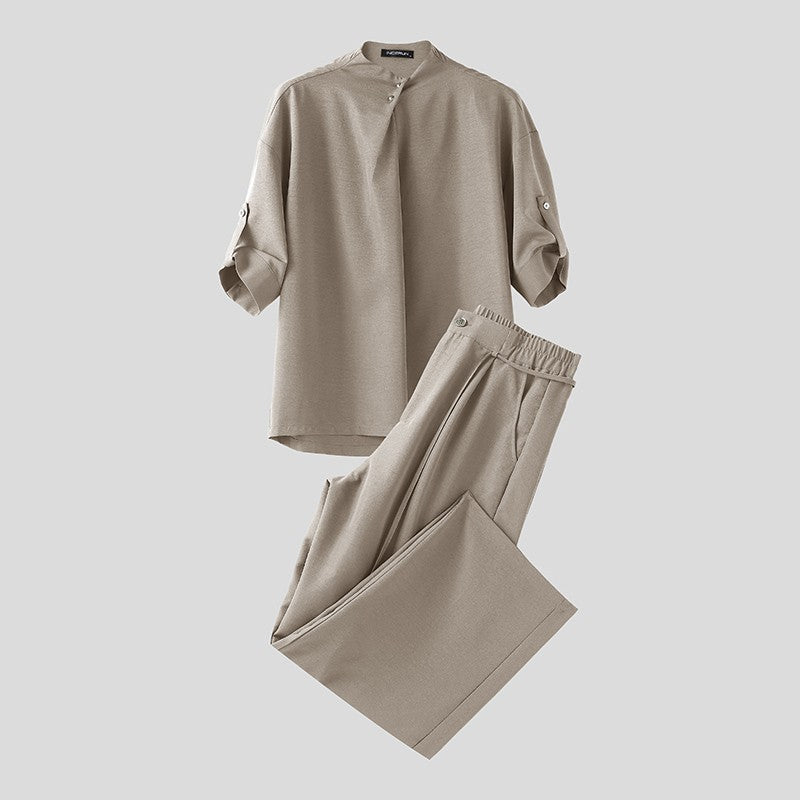 INCERUN Men Sets Solid Color Pleated Shirt & Pants Two Pieces Sets Loose Streetwear 2025 Fashion Men's Casual Suits S-5XL