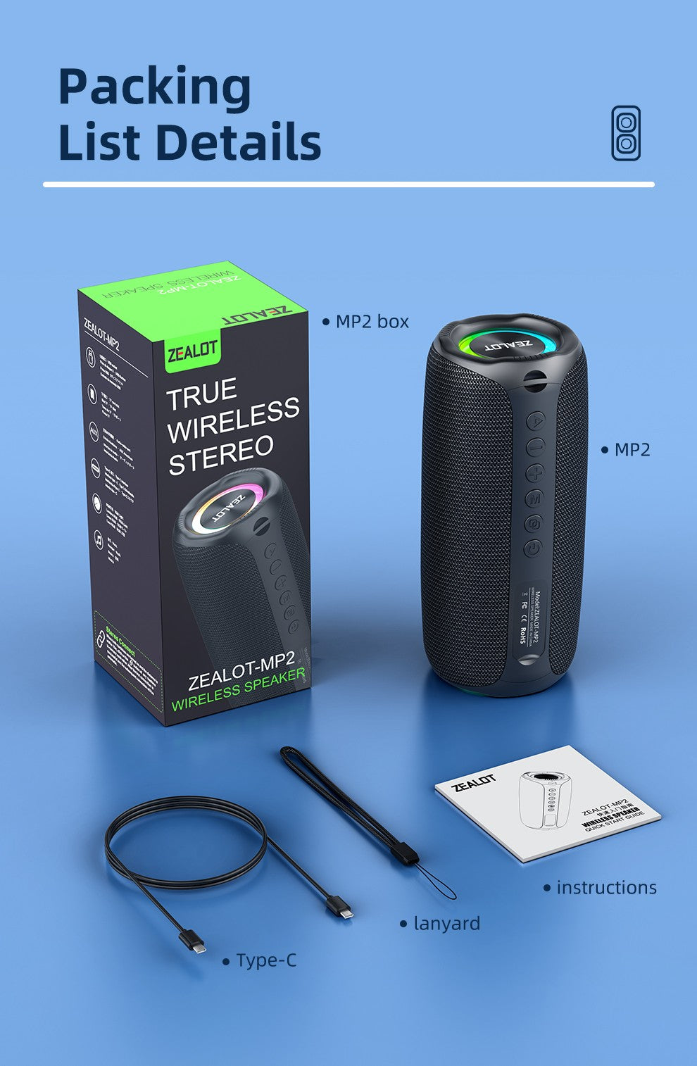 ZEALOT-MP2 Bluetooth Speaker,Ultra Portable, Up to 15H Playtime,IP65 Waterproof and Dustproof,Powerful Sound for outdoor